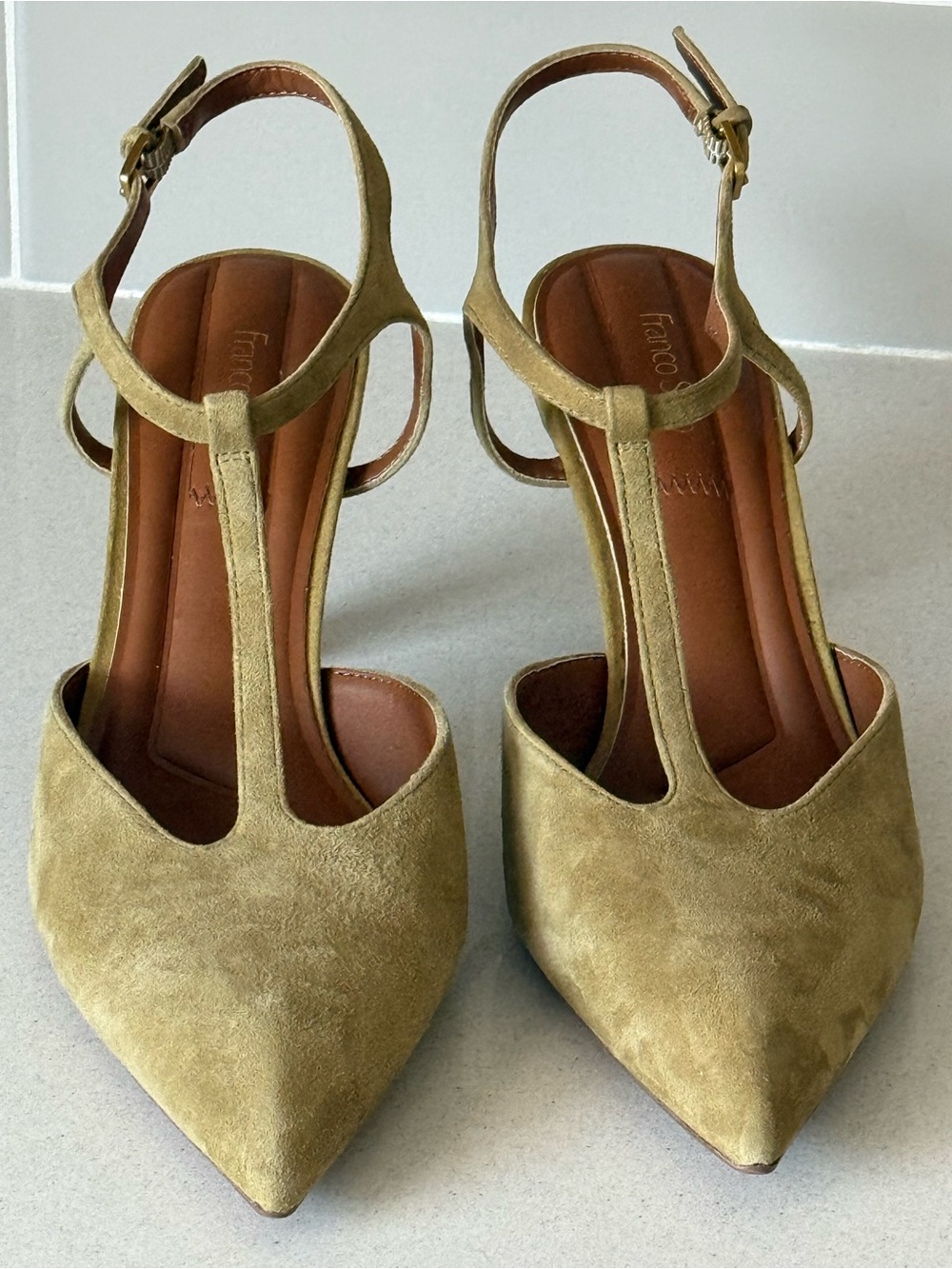 Franco Sarto Olive Green Suede T-Strap Pointed Heels Size 10
